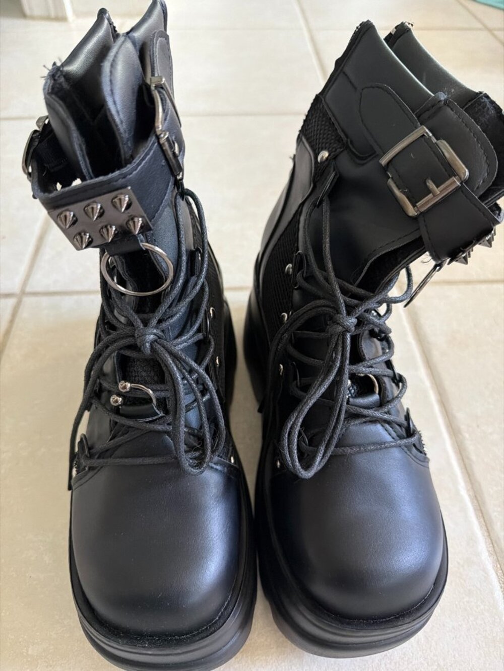 Black Platform Wedge Ankle Boots Lace Up Studded Buckles Size 38